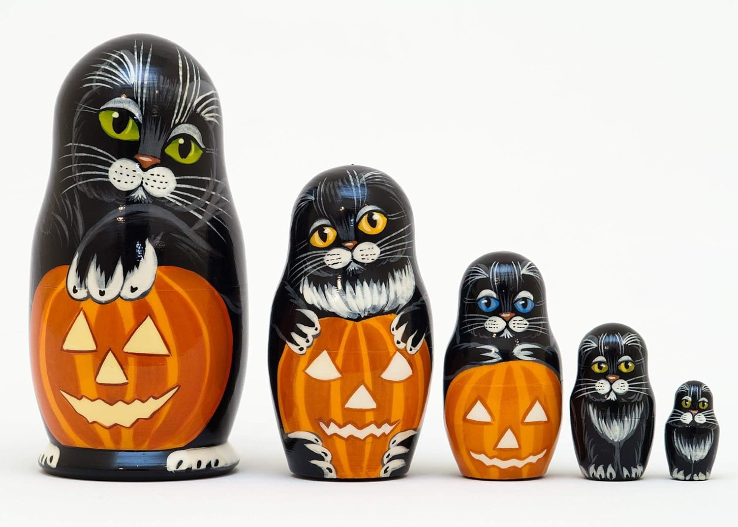 Golden Cockerel Halloween Cats Russian Nesting Doll Set – 5-Piece Black Cat & Jack-o-Lantern Matryoshka - View #3