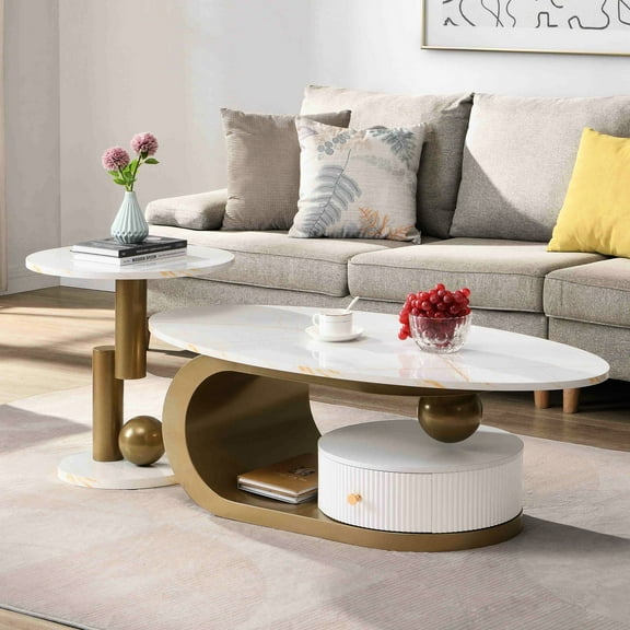 Golden Coffee Table Of 2 For Living Room - Modern Oval & Round Tables With Tough Metal Formation And Faux Marble Plastic Drawer Easy Assembly Disclosed Attested