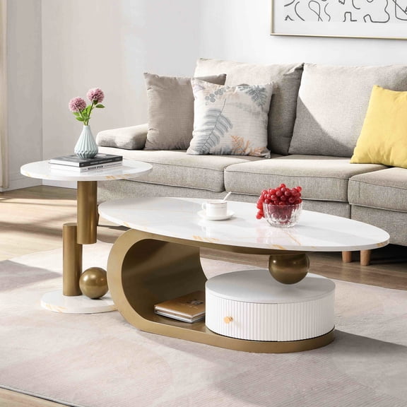 Golden Coffee Table Of 2 For Living Room - Modern Oval & Round Tables With Tough Metal Formation And Faux Marble Plastic Drawer Easy Assembly Disclosed Frame Simple Installation