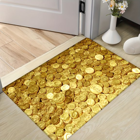 Golden Coin Lucky Pattern Flannel Floor Mat, Non Slip Washable Rug for Living Room Bedroom Office Entry Decor