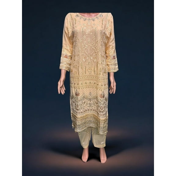 Golden Color Georgette Embroidery Work 2 Pc set, Cultural Wear for Women