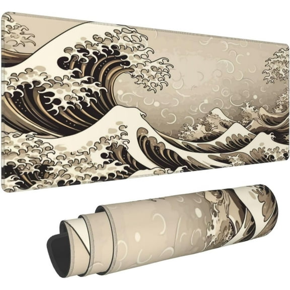 Golden Color Japan Japanese Kanagawa Sea Wave Gaming Mouse Pad 31.5 X 11.8 Inch XL Extended Large Keyboard Non-Slip Rubber Base with Stitched Edges for Home Office