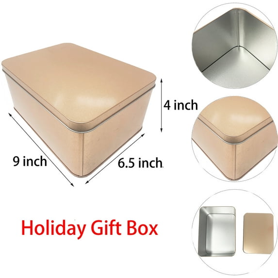 Golden Color Metal Tin Box With Lids, Extra Large Containers, For Keeping Keys, Candys, Cookies, Pen, ect. 9 X 6.5 X 4 inches, Great for Holiday Gift Box