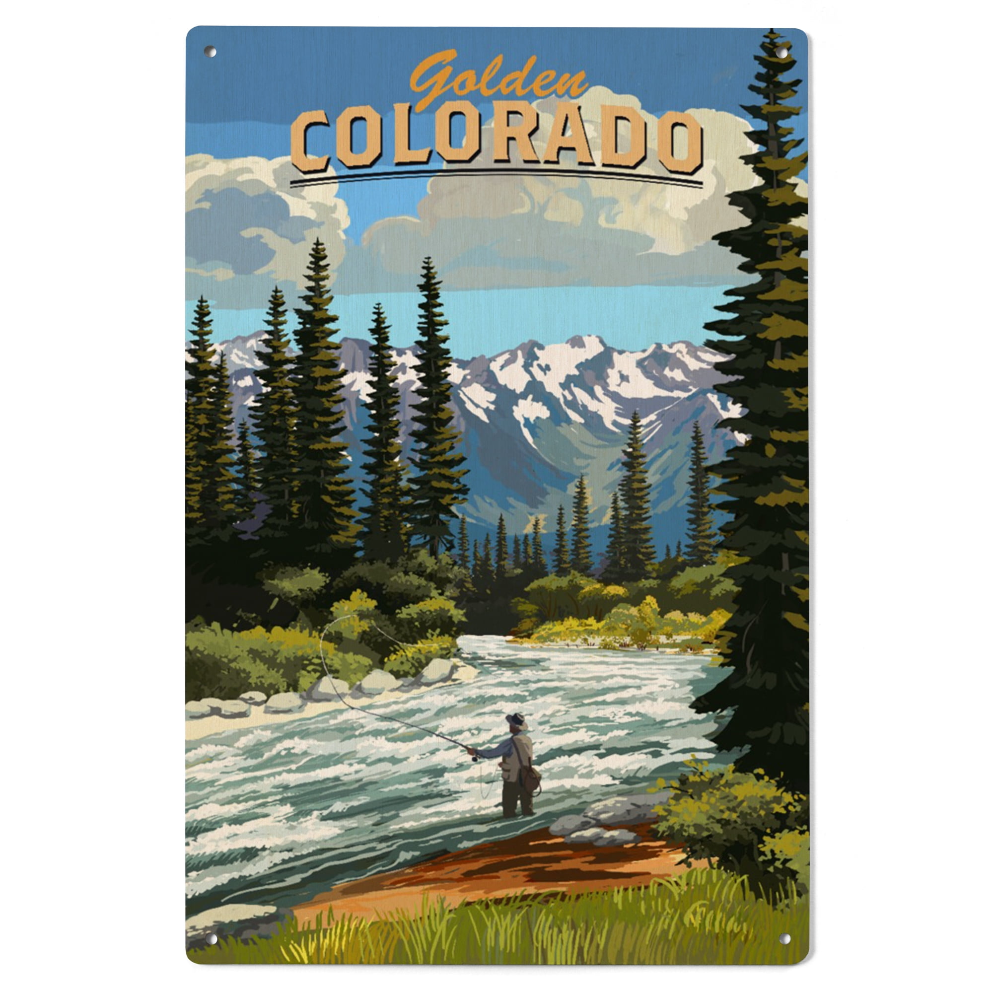 Golden, Colorado, Angler and River Rapids Birch Wood Wall Sign (6x9 ...