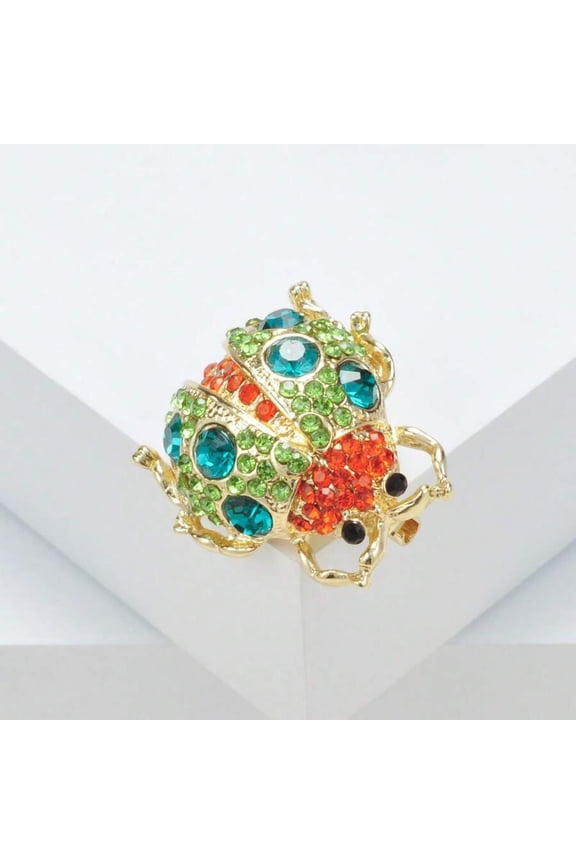 Golden Colored Ladybug Brooch With Green And Teal Rhinestones, Fashion Insect Pin For Women