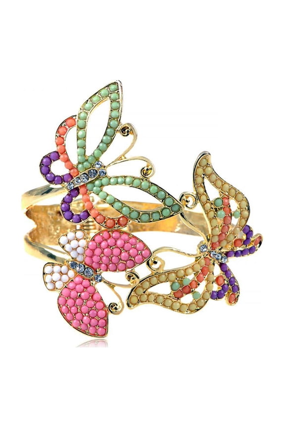 Golden Colorful Wide Wings Spread Bead Butterfly Trio Crystal Rhinestone Bangle