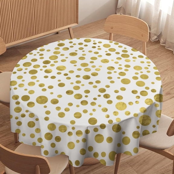 Golden Confetti Round Tablecloth, Abstract Geometric Modern White and Gold Polka Dots Print Round Tablecloth for Home Kitchen Dining Room Party Outdoor Picnic 70x70in