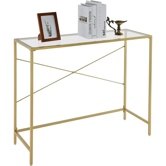 Golden Console Table, 39.37” Entryway Table with Tempered Glass Top, Narrow Sofa Table with Metal Frame, Modern Slim Home Table for Hallway, Living Room, Office, Easy Assembly, Gold SFZ21404GD