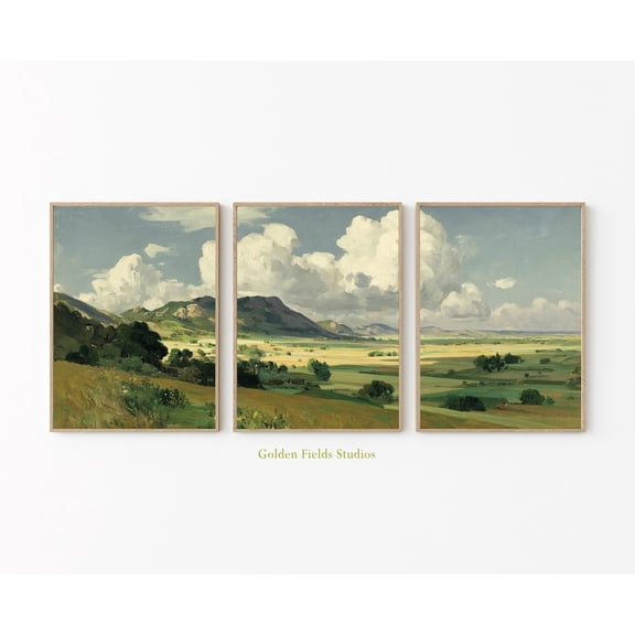 Golden Countryside Landscape Rolling Meadow And Hills Vintage Rural Fields Triptych Wall Art Set 3