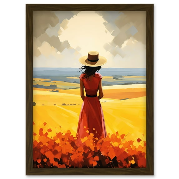 Golden Countryside by the Sea Oil Painting Woman Looking over Horizon in Coastal Farmland Landscape Artwork Framed Wall Art Print A4