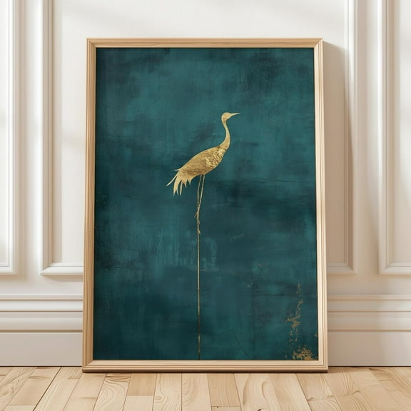 Golden Crane Art Print, Wall Art Poster, Elegant Gold And Teal Cranes, Living Room Or Office Decor, Wall Art, Modern Wall Decor, 8x12 UNFRAMED