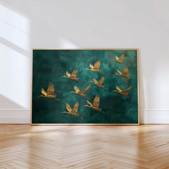 Golden Crane Emerald Green Bird Luxury Minimalist Porch Display Unframed Paper Print