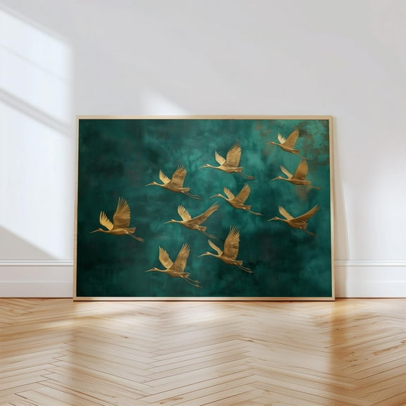 Golden Crane Wall Art, Emerald Green Bird Print, Elegant Nature Decor, Luxury, Minimalist Wildlife Poster, Modern Home Art Wall Art, Modern Wall Decor, 24x36 UNFRAMED