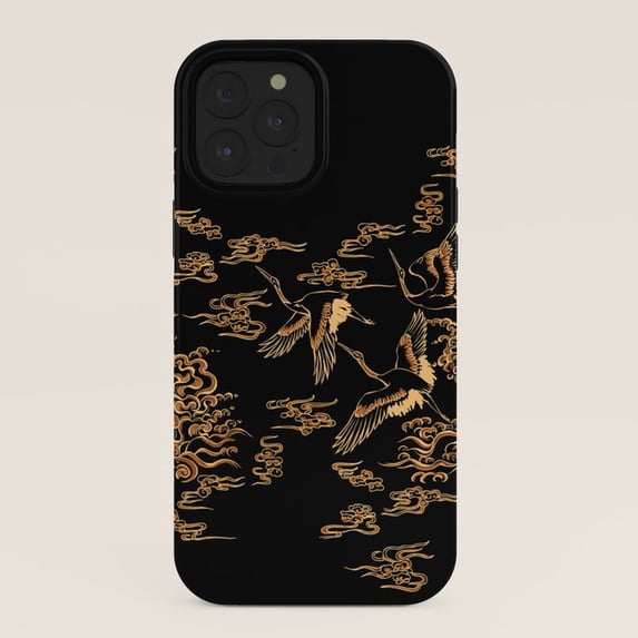 Golden Cranes, Clouds and Ocean Waves Tough iPhone Case, Black ...