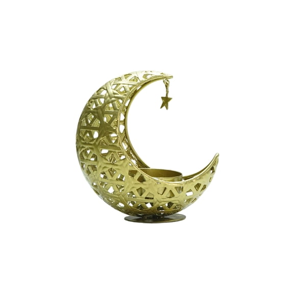 Golden Crescent Candlestick, Decorated Metal Lantern Stand With Star Pendant, Festive Ramadan Eid Decoration, 12.6 Inch Tall, Gold Finish