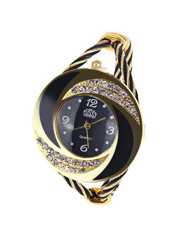 Golden Crescent Crystal Bangle Watch with Black Dial, Luxury Women’s Quartz Jewelry Watch