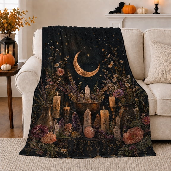 Golden Crescent Above Crystals Candles And Flowers, Soft Flannel Blanket with Dark Mystical Botanical Print, Housewarming Gift and Home Decor for Bedroom and Living Room