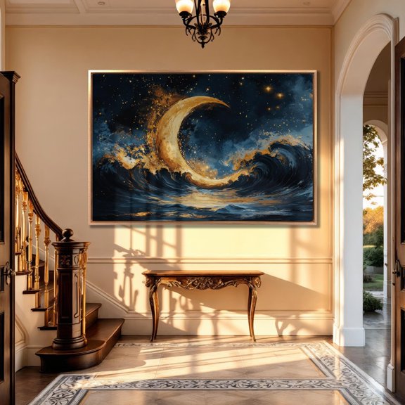 Golden Crescent Moon Art Ocean Waves Starry Night Sky Style One, Unframed Paper Print