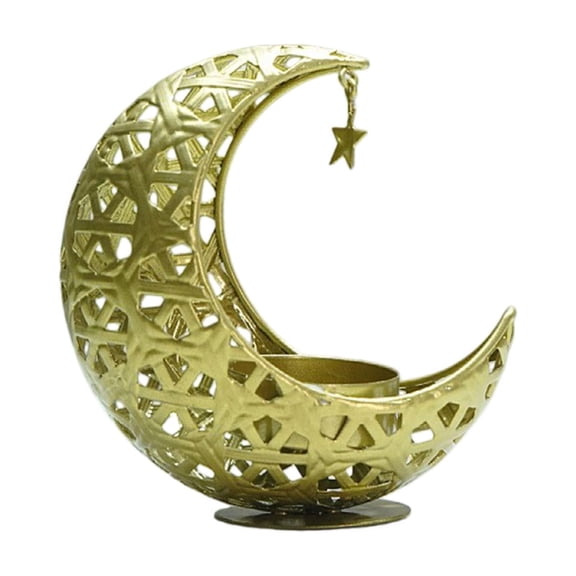 Golden Crescent Moon Candle Holder - Holiday Decor, Metal Lantern Stand with Star Pendant for Home Tabletop Festival & Daily Decor