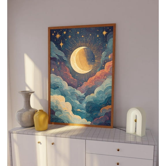 Golden Crescent Moon Celestial Starry Night Art, Unframed Paper Poster 8x10in