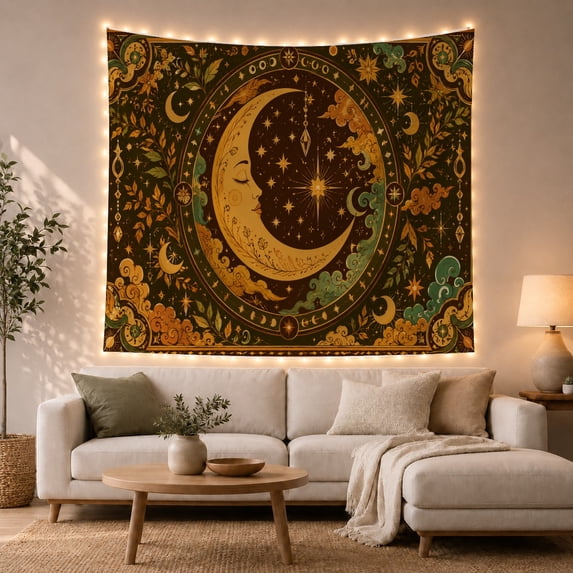 Golden Crescent Moon with Face and Botanical Vines on Dark Field, Mystical Boho for Nature Lovers, Celestial Wall Art Decor, Housewarming Gift Tapestry Wall Hanging for Bedroom and Living Room