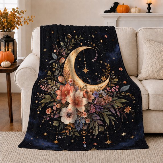 Golden Crescent Moon with Floral Bouquet, Romantic Celestial Style for Moon Lovers, Starry Botanical Scene and Birthday Gift, Soft Flannel Blanket for Guest Room, Home Decor