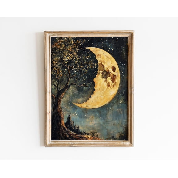 Golden Crescent Moon Mystical Night Sky Vintage Art, Unframed Paper Poster 8x10in