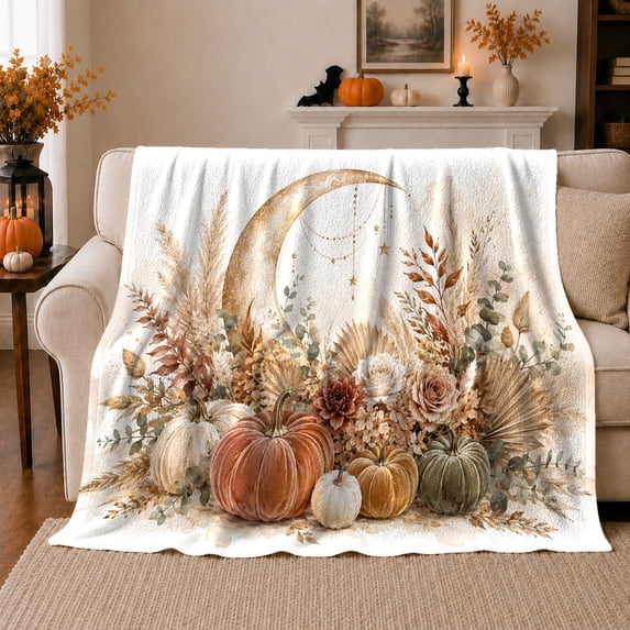 Golden Crescent Moon Pumpkins Botanicals Mystical, Cozy Friendship Quote Scene, Warm Flannel Blanket for Living Room and Reading Nook, Art Lovers Thanksgiving Gift, Artistic Home Decor