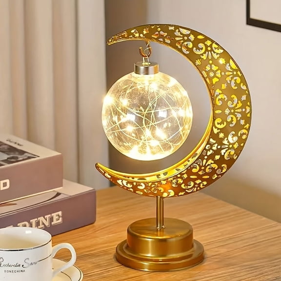 Golden Crescent Moon Star LED Lamp Elegant Islamic Decorative Table Lamp Intricate Metallic Design Battery Powered Warm Yellow Light for Bedroom Ambiance Perfect for Ramadan Christmas