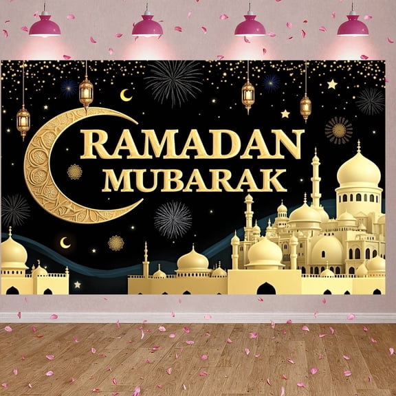Golden Crescent Ramadan Banner Star Pattern Islamic Backdrop Lantern Design Mosque Mubarak Display for Ramadan Celebration Eid al-Fitr Family Gathering