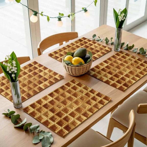Golden Crispy Waffles Texture Placemats Set of 4,Wipeable Washable Table Mats for Dining Tables, American Country Style Place Mats for Kitchen Event Party Tabletop Decor