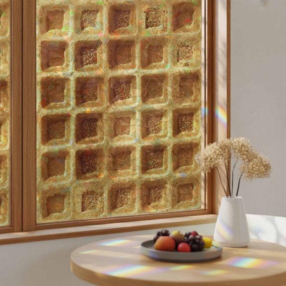 Golden Crispy Waffles Texture Window Privacy Film,Heat Control Sun Blocking Static Cling Rainbow Film,American Country Style Non-Adhesive Glass Sticker Door Window Tint,17.7" x 39.3"