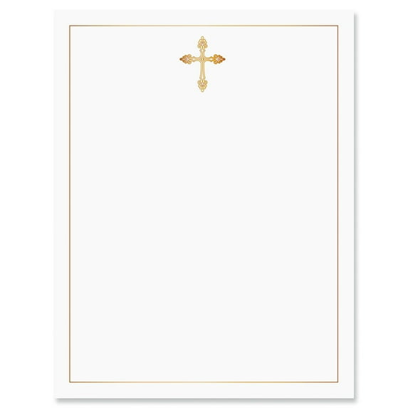 Golden Cross 2 Faith Letter Papers - Set of 25, Religious stationery papers, 8 1/2" x 11", compatible computer paper, Christian Letterhead, Confirmation, Communion, Baptism