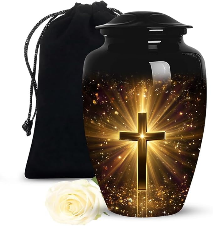 Golden Cross Cremation Urn , Large Urns For Ashes Adult Male, Decorative Memorial Urns For Ashes For Women, Funeral Urn For Adult Human Ash, Size 10 Inch 1 Pcs