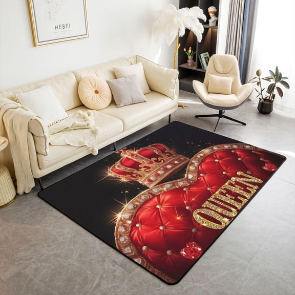 Golden Crown Area Rug Queen Theme Gorgeous Rococo Style Non Slip Rug for Girls Teens Women 3D Red Heart Jewelry Diamond Non Shedding Rug for Bedroom 3''x5''