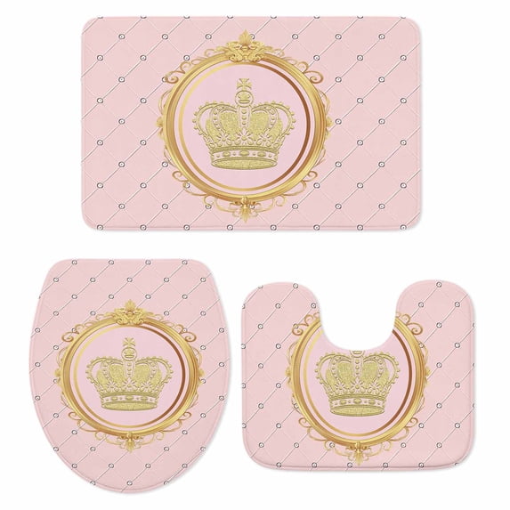 Golden Crown Bath Mat 3 Piece Bathroom Rug Set, Pink Cartoon Funny Geometric Plaid Art Non Slip Bath Rug Contour Mat and Toilet Lid Cover, Absorbent Shower Mats Soft Bath Rugs and Mats Sets