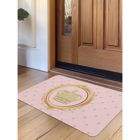 Golden Crown Door Mat Indoor Outdoor Entrance, Non Slip Small Rug for Kitchen Bathroom Entryway Rug, Pink Cartoon Funny Geometric Plaid Art Washable Doormat Floor Mat for Office 18x30 Inch