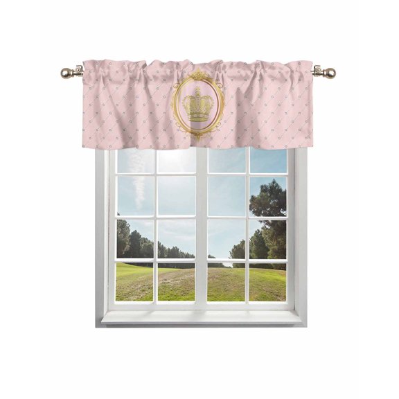 Golden Crown Kitchen Curtain Valances for Windows Farmhouse Short Curtains, Pink Cartoon Funny Geometric Plaid Art Rod Pocket Valance Curtain for Bedroom Cafe Living Room 42"x12"