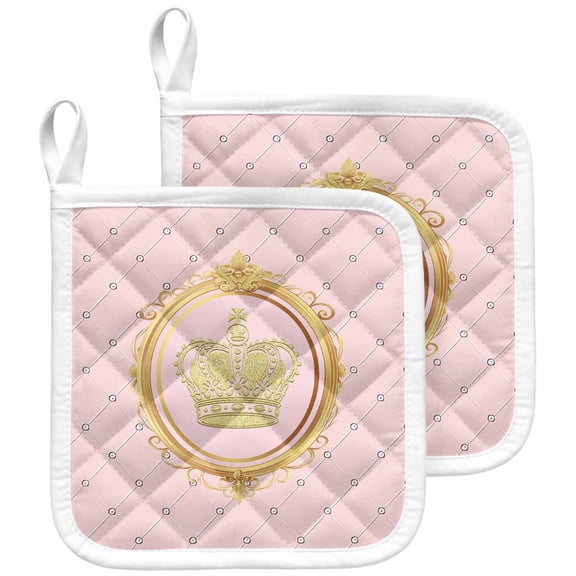 Golden Crown Pot Holders for Kitchen Heatproof Potholder, 2 Pack Pink Cartoon Funny Geometric Plaid Art Hot Pads Multipurpose Oven Pads Cloth Potholders Trivet for Cooking and Baking