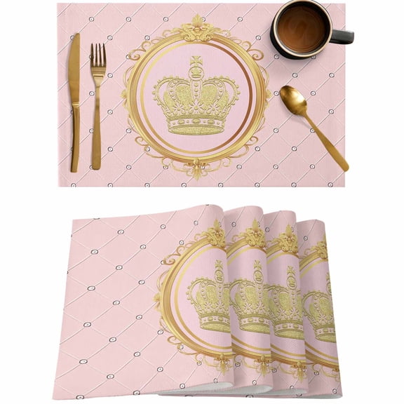 Golden Crown Queen Pink Lattice Placemats Set of 4,Wipeable Washable Table Mats for Dining Tables,White Dot Place Mats for Kitchen Event Party Tabletop Decor