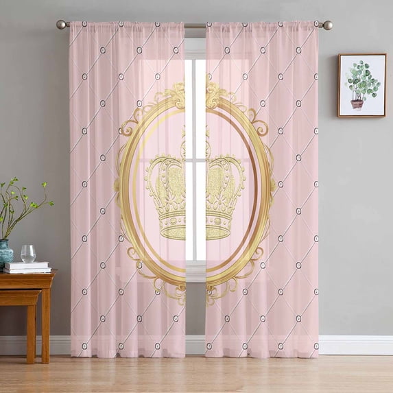 Golden Crown Semi Sheer Curtains 72 Inch Length 2 Panels Set, Pink Cartoon Funny Geometric Plaid Art Sheer Kitchen Curtain Privacy Voile Window Curtain for Living Room Bedroom Rod Pocket Drapes