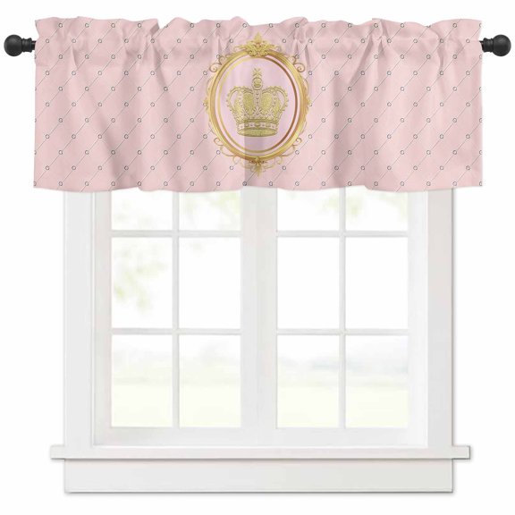 Golden Crown Valances for Windows Farmhouse Kitchen Curtains Valances Rod Pocket Valance Curtains for Kitchen Windows Pink Cartoon Funny Geometric Plaid Art Window Valances for Bathroom 42"x12"