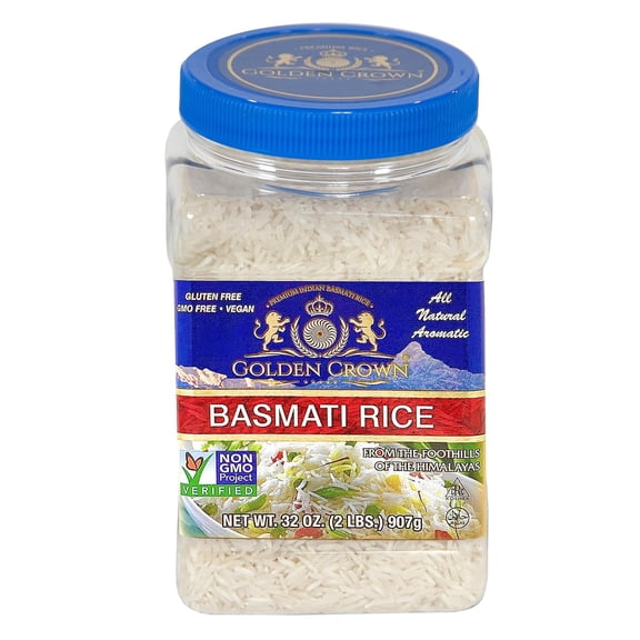 Golden Crown White Basmati Rice, 2 lb (32 oz), Gluten-Free, Non-GMO Long Grain Rice, Naturally Aged, For Curries, Pilaf & Grilled Meats