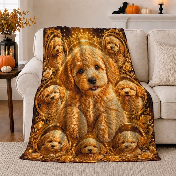 Golden Crowned Poodle Portrait Ornate Frames autumn celebration, Festive Pet Portrait Pattern, Warm Flannel Blanket for Living Room and Reading Nook, Dog Lovers Christmas Gift, Pet Lover Home Decor