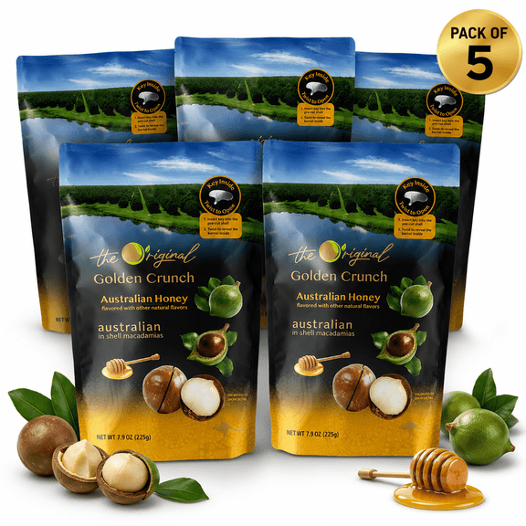 Golden Crunch Australian Honey Macadamia Nuts in Shell, Premium Australian Roasted Macadamias with Honey Flavor, Resealable Bag with Cracking Key, 7.9 oz (225g) Each, Pack of 5