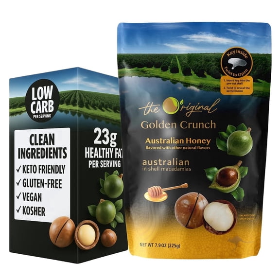 Golden Crunch Australian Honey Macadamia Nuts in Shell, Premium Australian Roasted Macadamias with Honey Flavor, Resealable Bag with Cracking Key, 7.9 oz (225g), Pack of 1