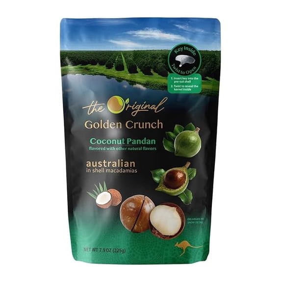 Golden Crunch Coconut Pandan Macadamia Nuts in Shell, Premium Australian Roasted Macadamias with Coconut Pandan Flavor, Resealable Bag with Cracking Key, 7.9 oz (225g), Pack of 1