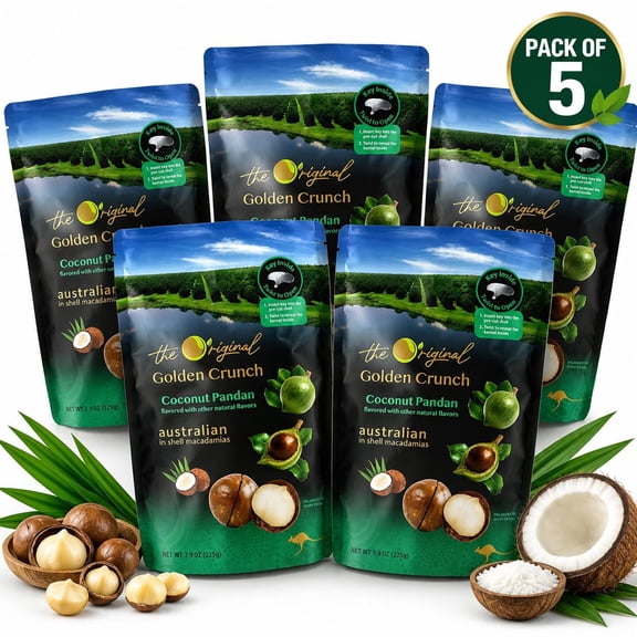 Golden Crunch Coconut Pandan Macadamia Nuts in Shell, Premium Australian Roasted Macadamias with Coconut Pandan Flavor, Resealable Bag with Cracking Key, 7.9 oz (225g) Each, Pack of 5