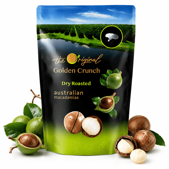 Golden Crunch Dry Roasted Macadamia Nuts in Shell, Premium Australian Roasted Macadamias, Resealable Bag with Cracking Key, 7.9 oz (225g), Pack of 1