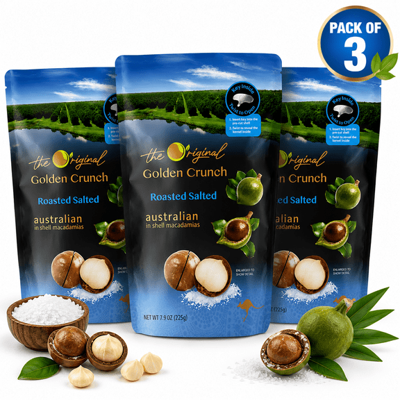 Golden Crunch Roasted Salted Macadamia Nuts in Shell, Premium Australian Roasted Macadamias with Sea Salt, Resealable Bag with Cracking Key, 7.9 oz (225g) Each, Pack of 3
